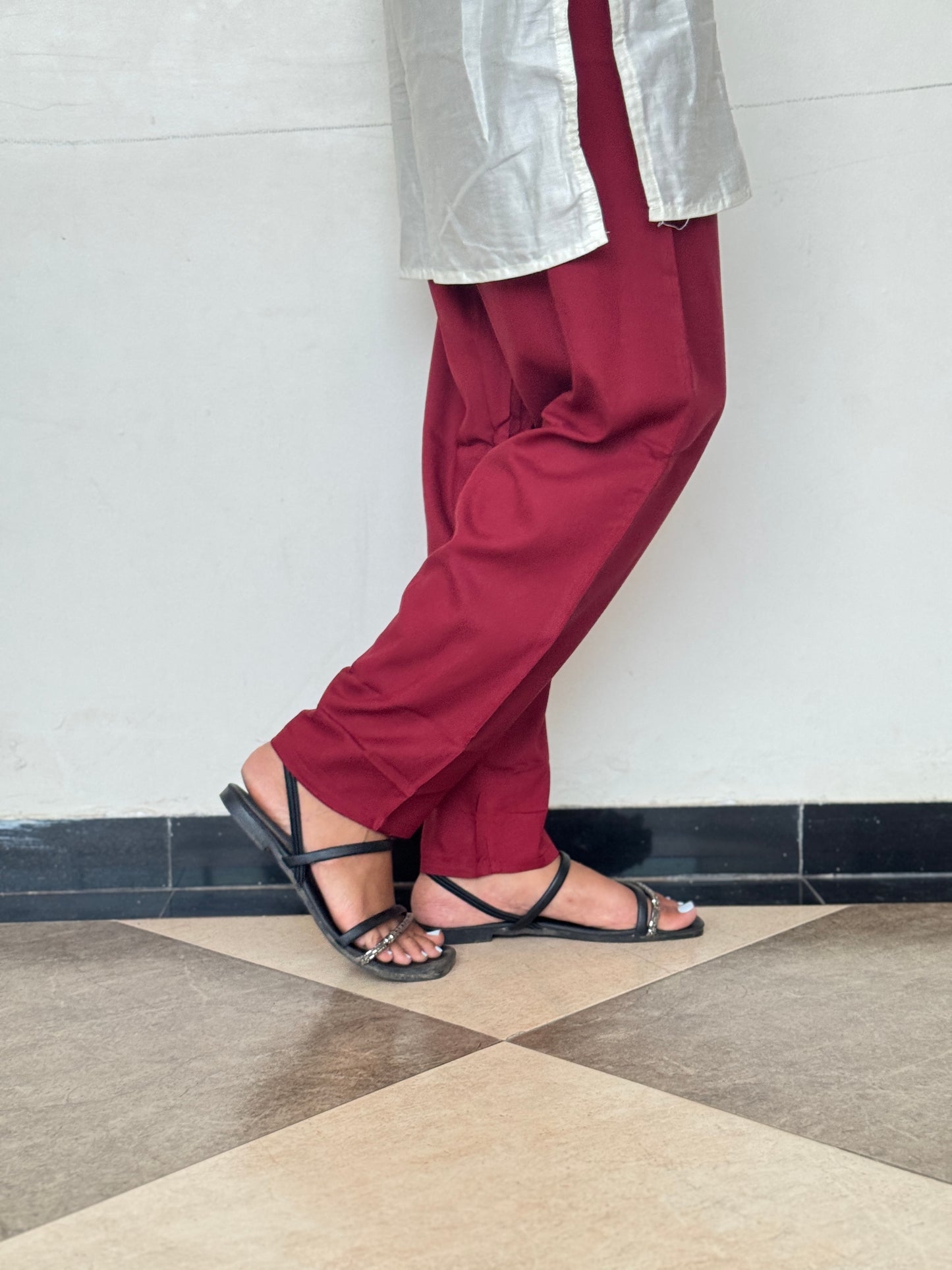 Red Sandal Straight Pants – Warm, Graceful & Effortlessly Refined